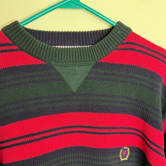 Vintage 90’s Tommy Hilfiger Striped Red navy green Men's L Sweater crew neck - Picture 10 of 10